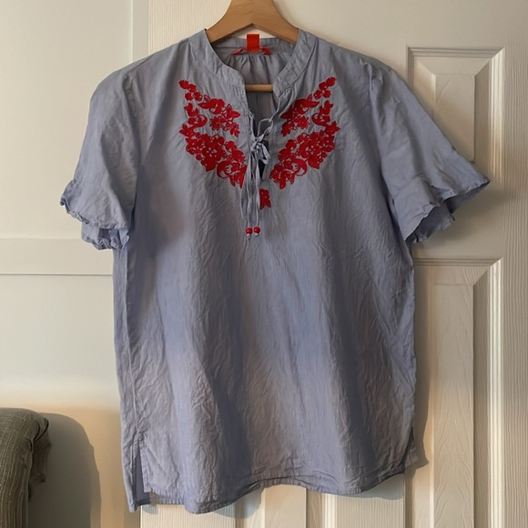 JOE FRESH size S seer sucker red floral embroidered blouse - Picture 2 of 7